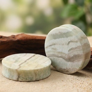May include: Two circular ear plugs crafted from polished stone, featuring a smooth surface with natural banding in shades of pale green, cream, and soft grey. The plugs have a flat face and a cylindrical shape, showcasing the unique mineral patterns.