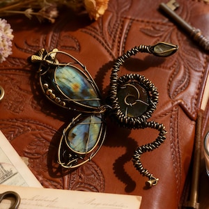 Wire Wrapped Butterfly Pendant, Blue Labradorite Necklace, Art Nouveau Copper Jewelry, Floral Garden Gift, Insect Wrap