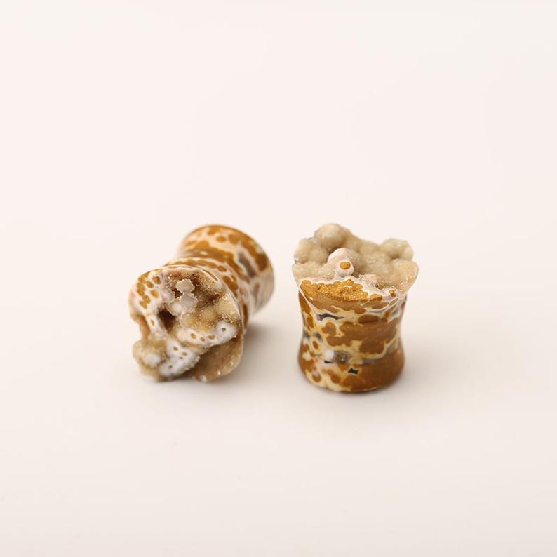 May include: Two natural stone plugs with a unique pattern. The plugs are cylindrical with a flared end. The colors are a mix of tan, brown, and white, with a textured surface. The plugs are likely for ear piercings.