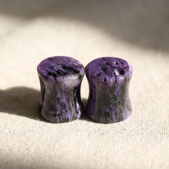 Charoite Plugs, Purple Dragon Stone Ear Gauges, Genuine Russian Gemstone Tunnels, Double Flared Saddle Plugs, Sold as Pair