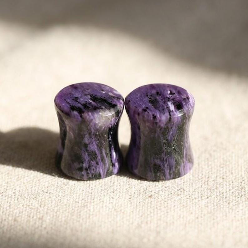 Charoite Plugs, Purple Dragon Stone Ear Gauges, Genuine Russian Gemstone Tunnels, Double Flared Saddle Plugs, Sold as Pair image 1