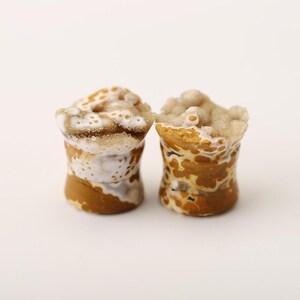 May include: Two natural stone plugs with a unique, organic appearance. The plugs feature a cylindrical shape with a textured surface. The color palette includes shades of brown, white, and tan, creating a marbled effect. The top of each plug has a crystalline formation.