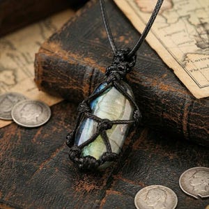 Natural Labradorite Necklace, Blue Flash Gemstone Macrame Pendant, Hand Woven Net Wrapped Jewelry, Healing Crystal Amulet Gift Her