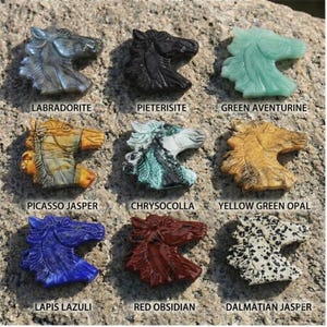 May include: Nine carved gemstone horse head sculptures. The gemstones include Labradorite, Pietersite, Green Aventurine, Picasso Jasper, Chrysocolla, Yellow Green Opal, Lapis Lazuli, Red Obsidian, and Dalmatian Jasper. Each is a unique color and pattern.