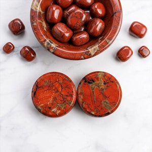 Natural Red Flower Jasper Plugs, Red Creek Stone Ear Gauges, Vibrant Floral Pattern Tunnels, Double Flared Organic Jewelry, Sold as Pair