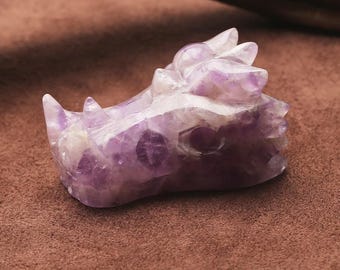 Amethyst Dragon Head Carving | Natural Purple Crystal Dragon Skull Sculpture | Handmade Fantasy Animal Figurine | Healing Stone Collectible