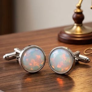 以下が含まれることがあります： 磨き上げられたシルバー調の金属製セッティングと、滑らかでドーム型のカボションインサートを備えた円形のカフスボタン一対。乳白色のベースに、光の加減で変化するオレンジとピンクの虹色の輝きがあり、標準的な回転式留め具が付いています。