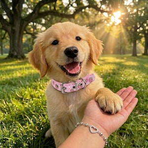 Può includere: Un cucciolo di golden retriever con un collare rosa con un motivo a fragole. Il cane sorride e dà la zampa a una persona. Lo sfondo è un parco soleggiato con erba verde e alberi.