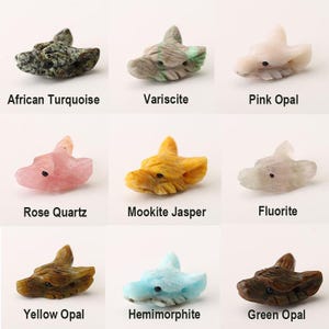 Może przedstawiać: Kolekcja dziewięciu rzeźbionych kamiennych koralików w kształcie głów zwierząt, oznaczonych jako African Turquoise, Variscite, Pink Opal, Rose Quartz, Mookite Jasper, Fluorite, Yellow Opal, Hemimorphite i Green Opal, o różnych naturalnych barwach.