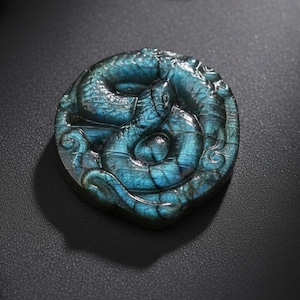 May include: A carved, oval-shaped pendant featuring a coiled serpent design. The pendant is made of a teal-colored stone with iridescent qualities, showcasing shades of blue and green. The serpent's scales and form are intricately detailed.