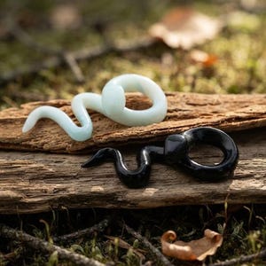 Könnte beinhalten: Zwei schlangenförmige Ohr-Plugs, einer in einem blassen, durchscheinenden Hellblau und der andere in einem soliden, glänzenden Schwarz. Jedes Stück verfügt über eine kreisförmige Öffnung für das Ohrläppchen und einen geschwungenen Schwanz.