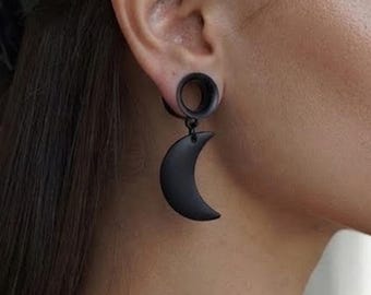 Tapones para orejas de luna de obsidiana, dilatadores de oreja de luna creciente negra, túneles colgantes para tapones, joyería corporal para orejas estiradas celestiales, piercing gótico