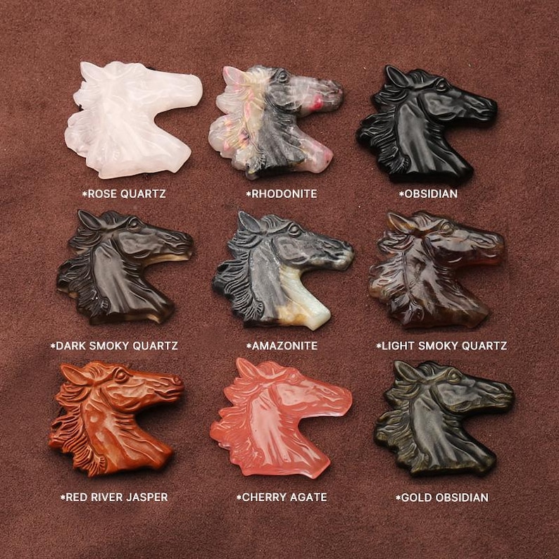 May include: Nine carved gemstone horse head pendants in various colors and materials, including rose quartz, obsidian, and jasper. Each pendant is labeled with its gemstone type. The pendants are displayed on a brown surface.