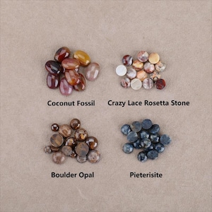 Pode incluir: Uma vista de cima mostra quatro grupos de pedras preciosas polidas: Coconut Fossil, Crazy Lace Rosetta Stone, Boulder Opal e Pietersite. As pedras são em tons de castanho, vermelho e azul, com etiquetas de texto por baixo.
