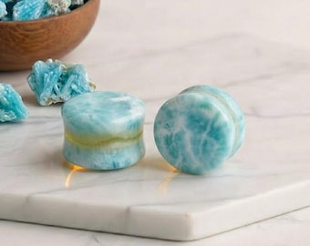 1 Pair Natural Hemimorphite Plugs, Blue  Gemstone Ear Gauges, Luminous Sea Foam Tunnels, Double Flared Organic Saddle Jewelry