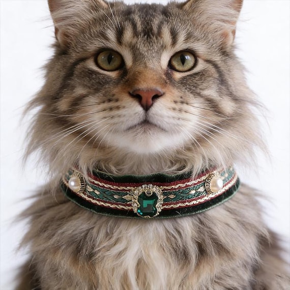 Vintage Royal Green Velvet Cat Collar, Embroidered Boho Pet Choker with Emerald & Pearls, Luxury Kitten Jewelry Gift, Renaissance Style