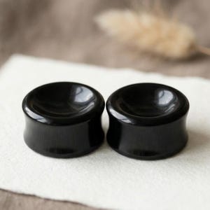 May include: A pair of solid black ear plugs with a smooth, polished finish. Each piece features a concave center and flared edges, designed as circular body jewelry for stretched ear piercings with a glossy, reflective surface appearance.