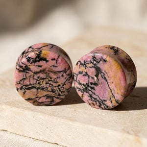 Rhodonite Ear Plugs Sold as Pair - Natural Pink Gemstone Gauges, Premium Double Flare Flesh Tunnels, Minimalist Organic Body Jewelry