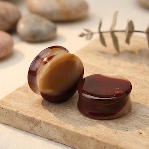 May include: A pair of circular ear plugs featuring a smooth, polished finish with a two-tone color scheme of deep mahogany brown and creamy beige. The plugs have a cylindrical shape with flared edges, showcasing a glossy, reflective surface texture.