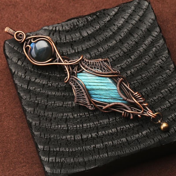 Double Labradorite Marquise Wire Wrapped Pendant | Blue Flash Elven Fantasy Amulet | Handcrafted Unique Copper Jewelry