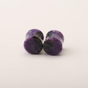 Charoite Plugs, Purple Dragon Stone Ear Gauges, Genuine Russian Gemstone Tunnels, Double Flared Saddle Plugs, Sold as Pair image 7