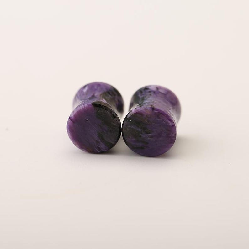 Charoite Plugs, Purple Dragon Stone Ear Gauges, Genuine Russian Gemstone Tunnels, Double Flared Saddle Plugs, Sold as Pair image 7