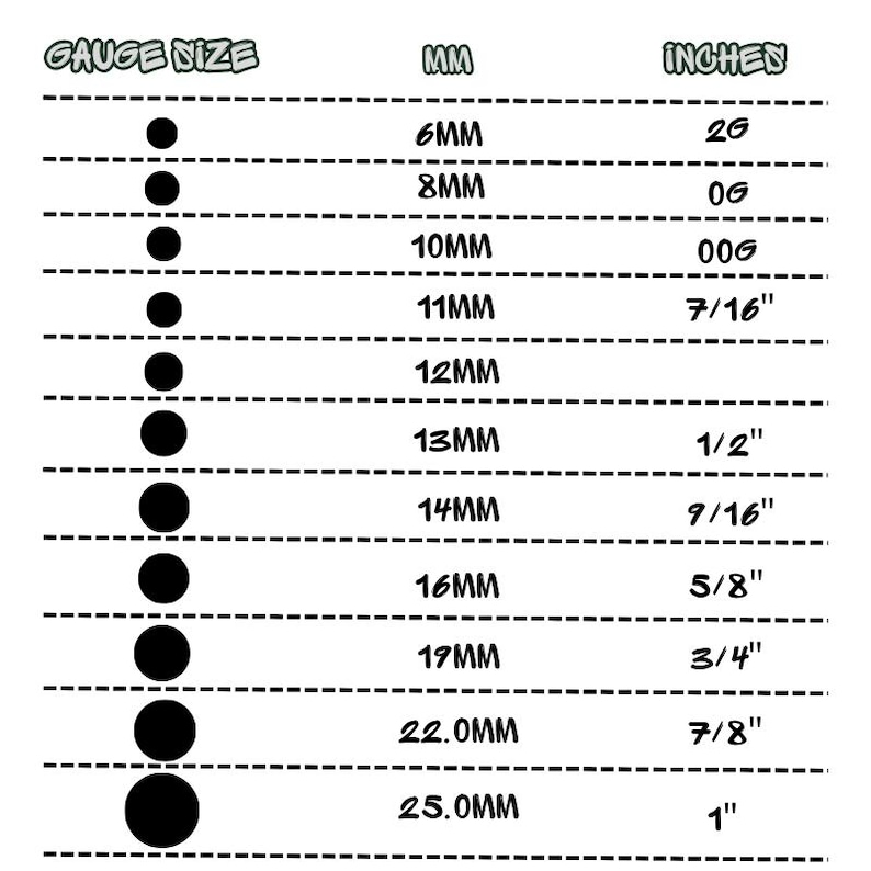 May include: A black and white gauge size conversion chart featuring a vertical column of solid black circles of increasing diameter, with corresponding measurements in millimeters and inches ranging from 6mm/2G to 25.0mm/1 inch.