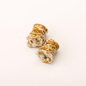 May include: Two cylindrical ear plugs with a speckled pattern in shades of brown and tan. The plugs have a rough, crystal-like texture at the base. The background is plain white.