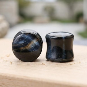 Blue Tiger's Eye Plugs, Hawk's Eye Stone Ear Gauges, Double Flare Saddle Plugs, Organic Body Jewelry, Pair of Indigo Ear Stretchers
