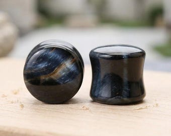 Blue Tiger's Eye Plugs, Hawk's Eye Stone Ear Gauges, Double Flare Saddle Plugs, Organic Body Jewelry, Pair of Indigo Ear Stretchers