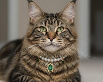 Luxury Dark Green Teardrop Gem Cat Collar, Gold Filigree Pet Choker, Vintage Royal Style Pearl Necklace for Maine Coons & Large Cats