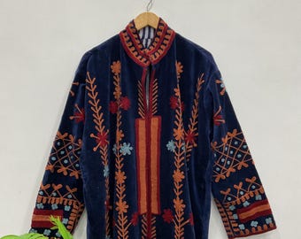 Floral Embroidery Cotton velvet  long coat Vintage oversized fit  Coat Jacket.