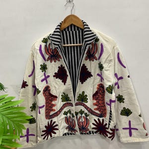 Embroidered Velvet Jacket for Women, Ivory Floral Bird Jacket, Boho Vintage Statement Coat, Artistic Handmade Style