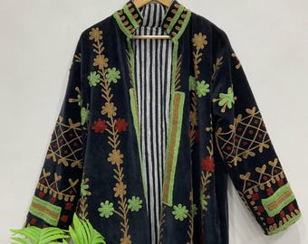 Cotton velvet Floral Embroidery long coat Vintage oversized fit  Coat