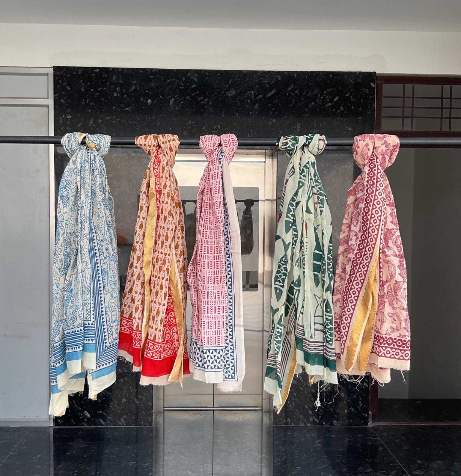 Fish Printed Cotton Sarong: Silk Border Hand block print Beach Wrap 5 Set Sarong.