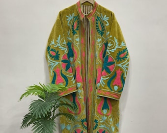 Grüner Samt-Baumwollmantel Blumenstickerei-langer Mantel Winterkleidung Vintage-Oversized-Fit-Mäntel Jacke.