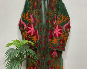 Floral Embroidery Velvet Cotton Coat Suzani long coat Winter wear Vintage oversized fit  Coats Jacket.