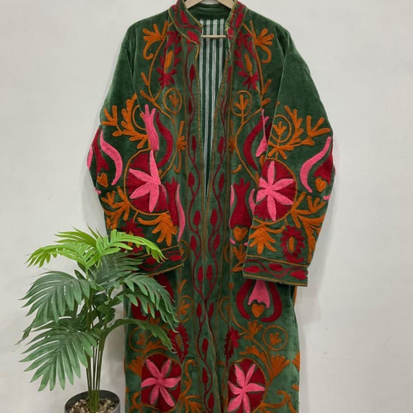 Floral Embroidery Velvet Cotton Coat Suzani long coat Winter wear Vintage oversized fit  Coats Jacket.