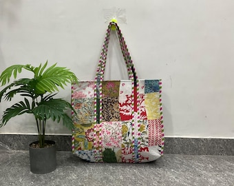 Patchwork Cotton Tote Bag Handmade Quilted Floral Bags: Reversible Cotton Shopper