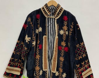Cotton velvet Floral Embroidery long coat Vintage oversized fit  Coat Jacket.