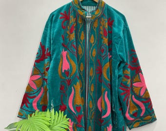 Floral Embroidery Velvet Cotton long coat  Winter wear Vintage oversized fit  Coat.