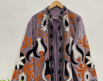 Floral Embroidery Cotton velvet  long coat Vintage oversized fit  Coat Jacket.