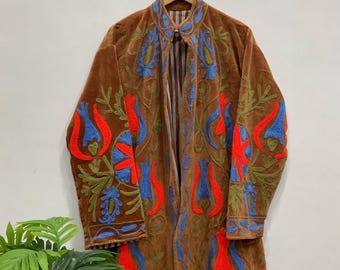 Velvet Cotton Floral Embroidery long coat Winter wear Vintage oversized fit  Jacket.