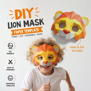 Mall för lejonmask, DIY-djurkostym för barn (digital nedladdning), Halloweenkostym, papperspysselmask