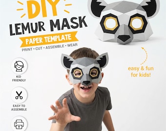 Mall för lemurmask, 3D-papperspyssel med djurmask, gör-det-själv-papperslemurkostym, barn och vuxna PDF SVG Dxf, Halloween-skollek