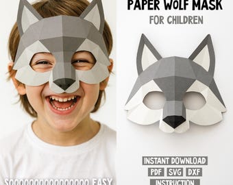 3D Wolf Papiermaske - DIY Kostüm (pdf, svg, dxf), Halloween Kostüm, Papiermaske