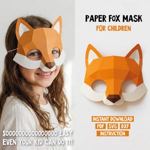 Puede incluir: Una máscara de zorro de papel en tonos naranja, marrón y blanco, diseñada para niños. La máscara se muestra en la cara de un niño y por separado. El texto de la imagen dice "PAPER FOX MASK FOR CHILDREN" y "EASY EVEN YOUR KID CAN DO IT!"