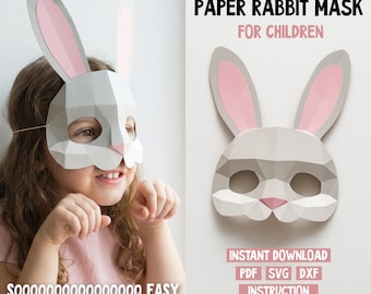 3D Paper Rabbit Mask Template – Low-Poly Papercraft Costume (PDF, SVG, DXF)