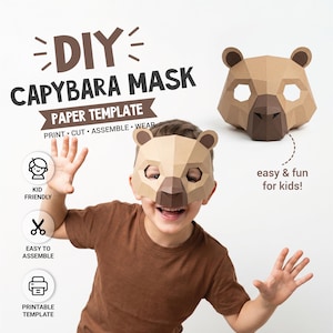Mall för kapybaramask, 3D-papperspysseldjurmask, gör-det-själv-papperskappybarakostym, barn och vuxna PDF SVG Dxf, Halloweenfestskola