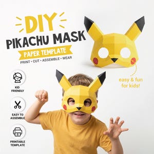 Puede incluir: Una plantilla de papel para máscara Pikachu DIY con formas geométricas amarillas, negras y rojas. El texto dice DIY PIKACHU MASK PAPER TEMPLATE PRINT CUT ASSEMBLE WEAR, KID FRIENDLY, EASY TO ASSEMBLE, PRINTABLE TEMPLATE y easy & fun for kids!